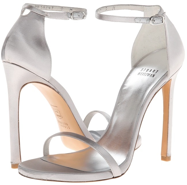 Stuart Weitzman "Nudist" Sandals in Silver Satin