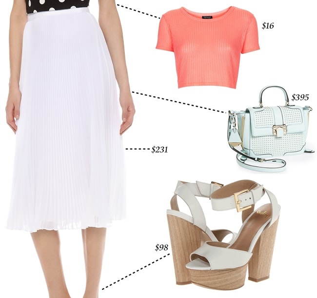 Skirt: Alice + Olivia Pleated Midi Skirt / Top: Topshop Ribbed Cropped Tee / Purse: Rebecca Minkoff Mini Elle Satchel / Shoes: Shellys London "Aaelle" Sandals
