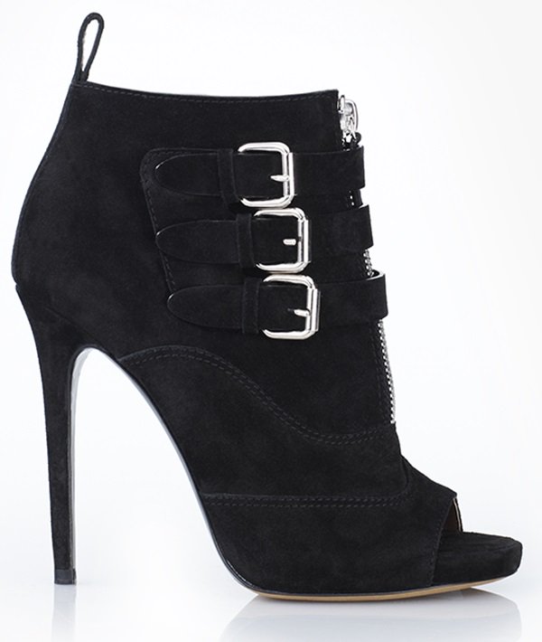 Tabitha Simmons "Eva" Peep-Toe Ankle Booties – Sleek suede with bold buckled straps, edgy zipper details, and a chic open-toe design for effortless sophistication