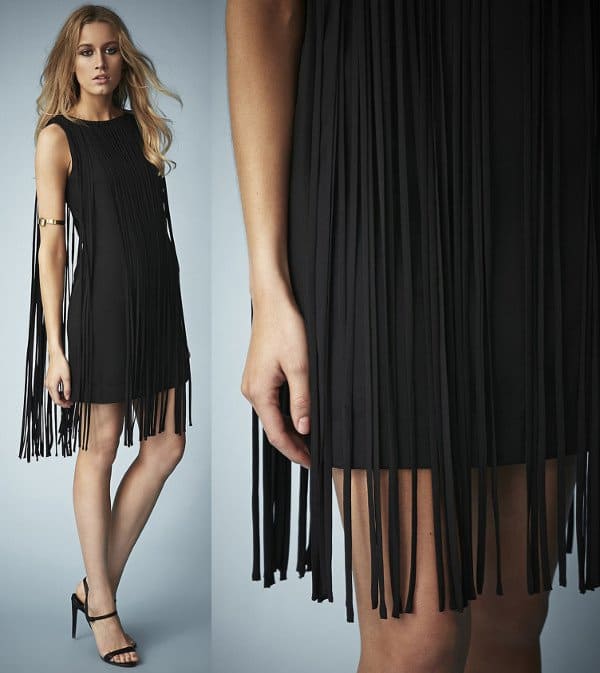 Kate Moss showcasing the Long Fringed Tassel Dress from Topshop