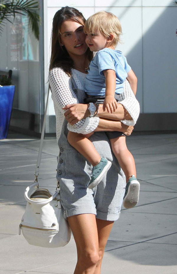 Alessandra Ambrosio with children in short dungarees