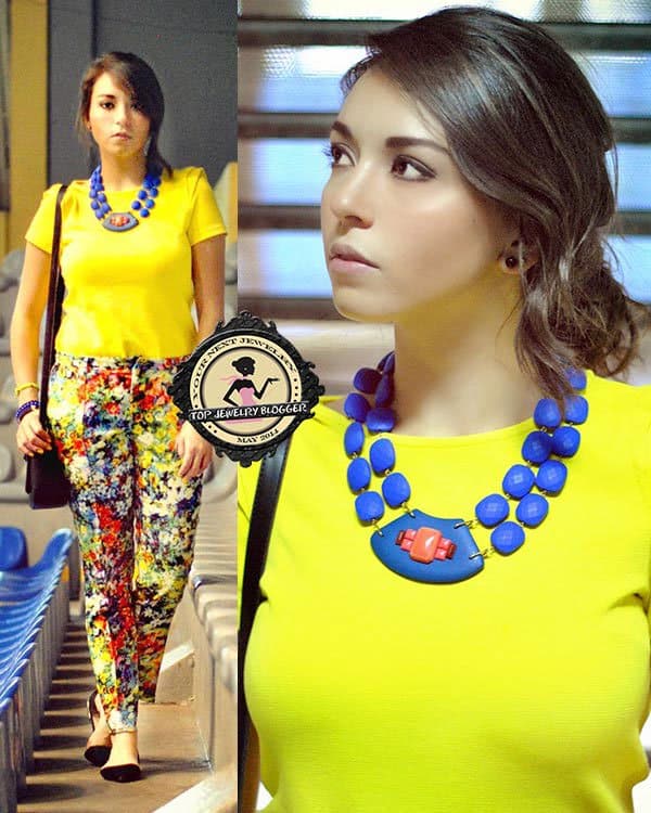 Amparo styled her bold blue necklace with a plain yet bright top