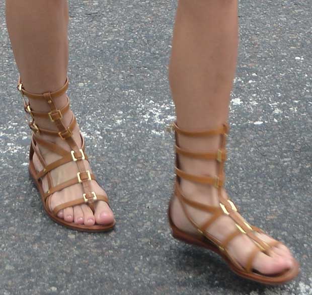 Ashley Greene in Flat Tory Burch Gladiator Sandals With Floral Shorts