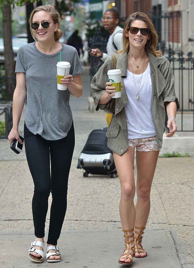 Ashley Greene in Flat Tory Burch Gladiator Sandals With Floral Shorts