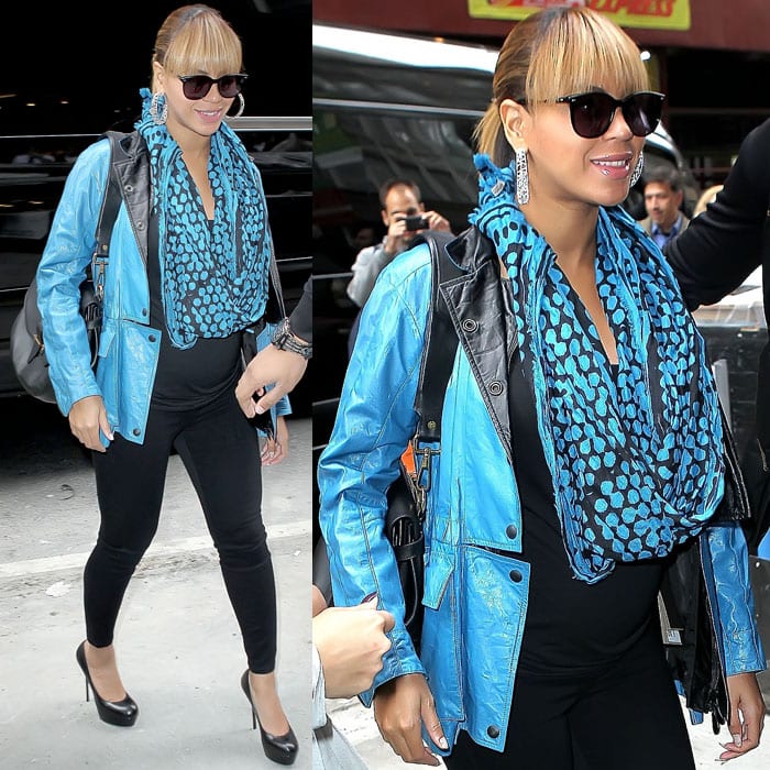 Beyoncé Knowles stepped out in New York on October 24, 2011, wearing a chic Bottega Veneta Athena scarf, J Brand maternity leggings, and Alexander McQueen thick-platform pumps