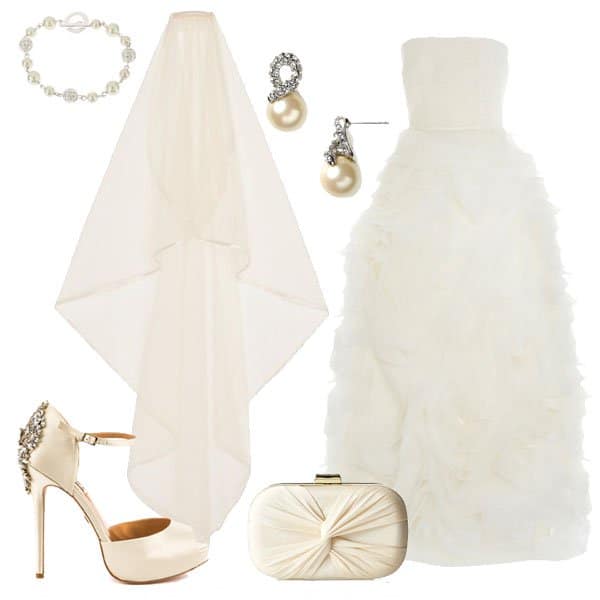 Chic bridal ensemble featuring a strapless gown, pearl drop earrings, a beaded bracelet, elegant satin heels, and a matching clutch for a refined wedding look