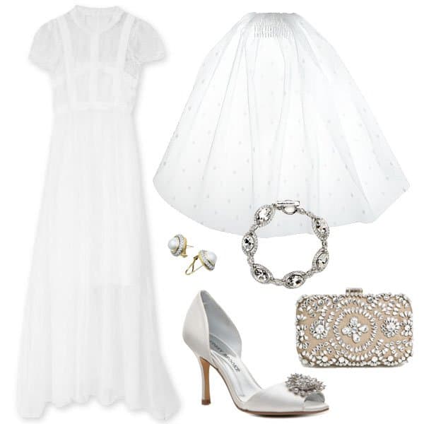 Elegant white wedding ensemble featuring a lace-panel dress, tulle veil, jeweled pumps, a beaded clutch, and diamond accessories for a timeless bridal look