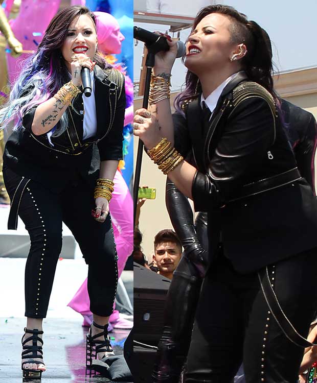 Demi Lovato commanding the stage during the 2014 L.A. Gay Pride Parade in West Hollywood on June 8, 2014, rocking a bold ensemble with edgy details, gold accents, and Gianmarco Lorenzi strappy heels