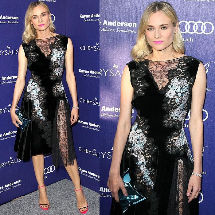 Diane Kruger wearing a Nina Ricci fall 2014 lace-and-velvet dress, Dior slim-strap sandals, and carrying an Anya Hindmarch "Crisp Packet" clutch