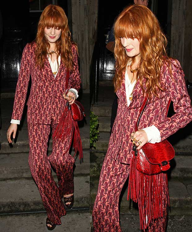 Florence Welch wearing a folkloric slash bohemian style suit at The Other Ball charity event
