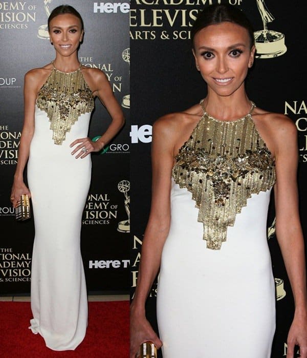 Giuliana Rancic in a Badgley Mischka gown featuring a slinky halter neck with stunning gold embellishments