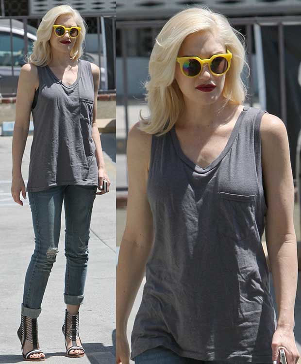 Spotted leaving Jesun Acupuncture Clinic in Los Angeles on June 20, 2014, Gwen Stefani rocked Quay Eyeware 'Frankie' sunglasses, Jet by John Eshaya 'Japan Repaired' skinny jeans, and L.A.M.B. 'Fiona' sandals, perfectly blending edgy and chic elements for her signature look