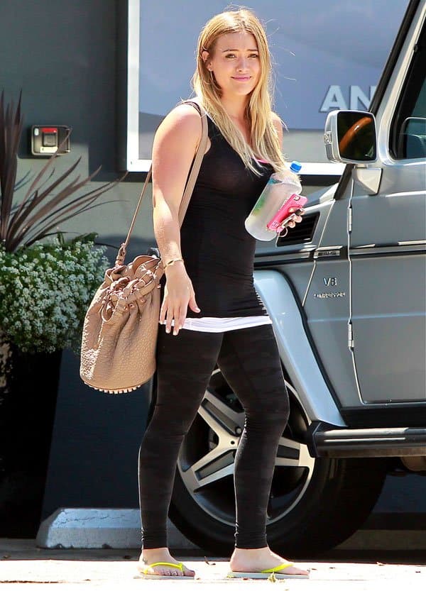 Hilary Duff headed to a Pilates class with Alexander Wang's Diego bag