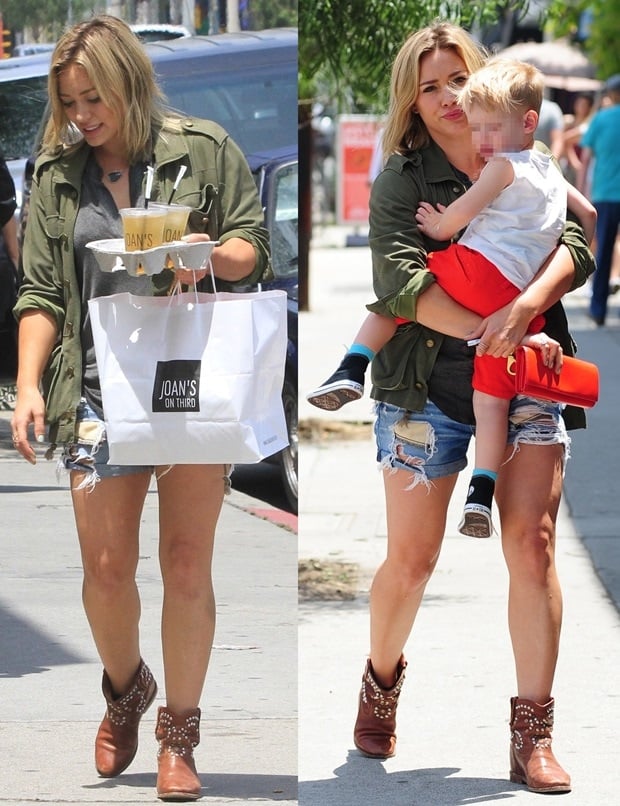 Hilary Duff styled her denim shorts with an army green jacket by Current Elliott