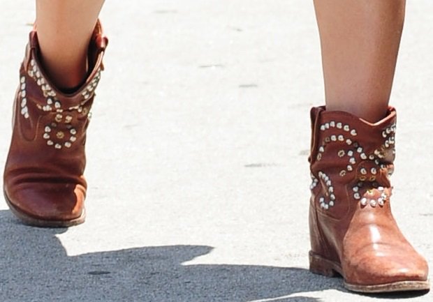 Hilary Duff rocks cognac brown embellished cowboy leather boots by Isabel Marant