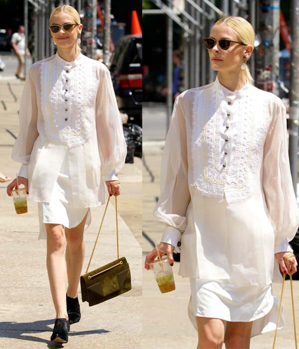 Jaime King wears an attention-grabbing white dress in the East Village