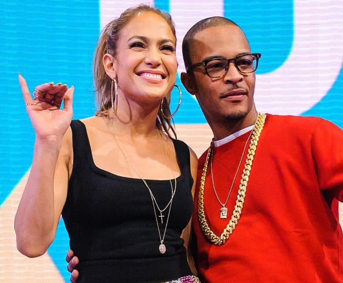 Jennifer Lopez and T.I. at BET's '106 & Park' studio promoting her new album on June 19, 2014