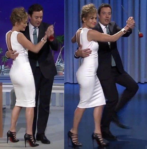 Jennifer Lopez's feet weren't visible while sitting, but she showcased her Louboutin boots when Jimmy invited her to dance