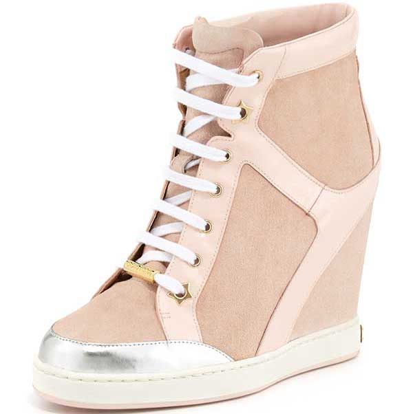 Jimmy Choo "Panama" Suede-Patent Wedge Sneakers in Light Pink