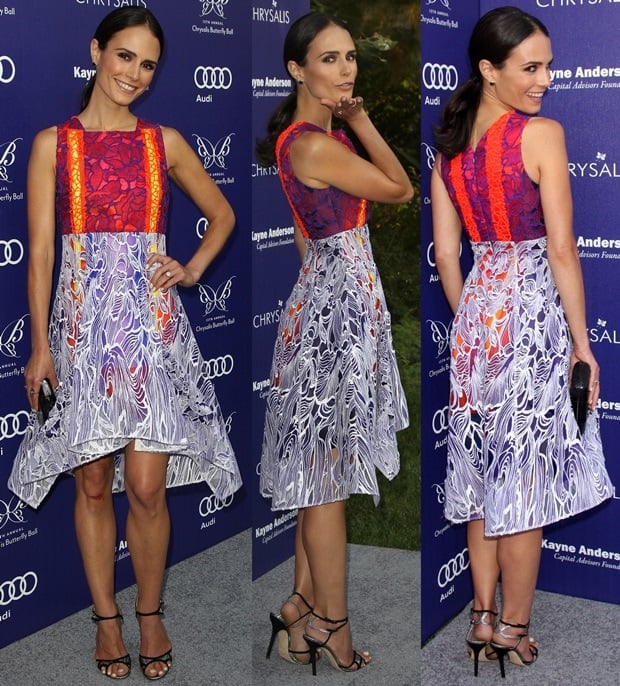 Jordana Brewster rocking suede and iridescent PVC Rumba sandals by Jimmy Choo