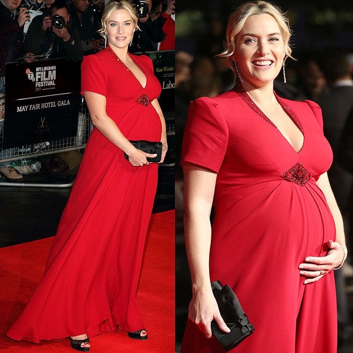 Kate Winslet glowed on the red carpet at the Labor Day premiere during the 2013 BFI London Film Festival on October 14, wearing a stunning red Jenny Packham dress, Christian Louboutin shoes and bag, and De Beers jewelry while proudly cradling her baby bump