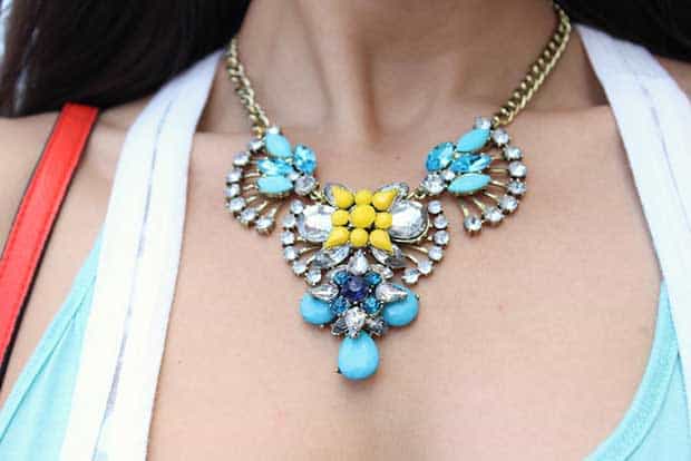 Katherine wore a colorful crystal-embellished necklace