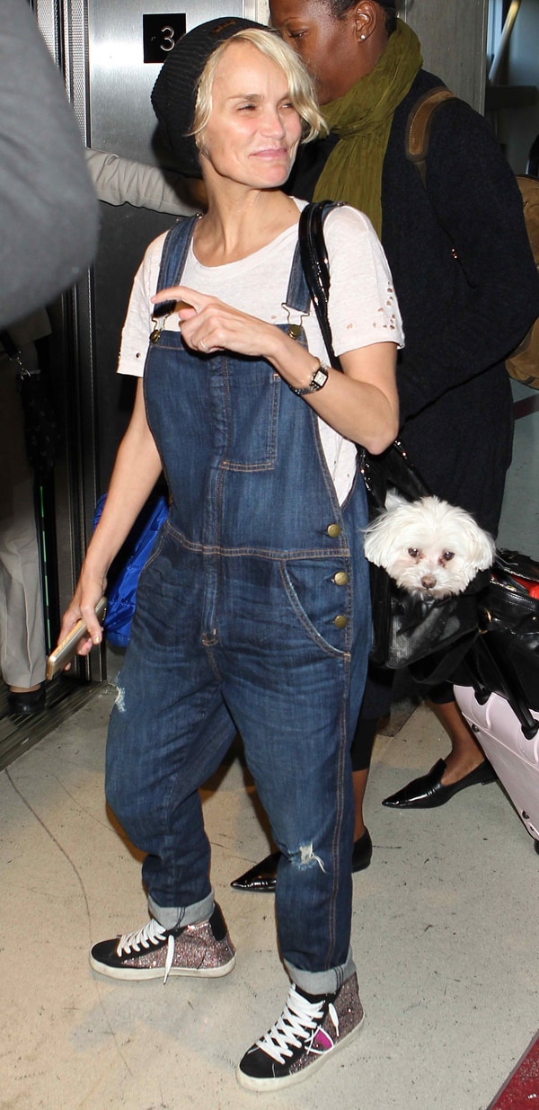 Kristin Chenoweth at LAX in ripped overalls