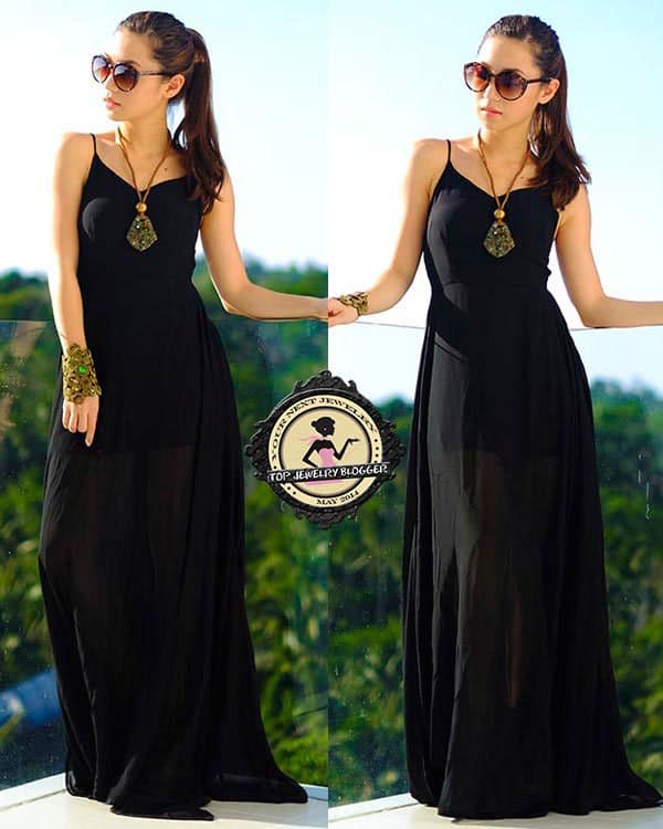 Kryz rocks a simple black maxi dress with stunning jewelry