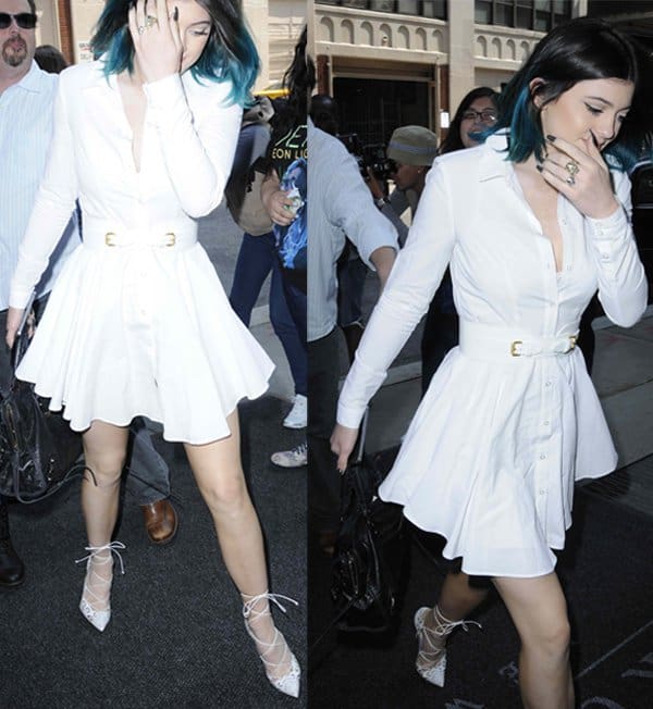 Kylie Jenner looked effortlessly chic in a belted H&M shirt dress, paired with Christian Louboutin Impera pumps in white and a Balenciaga City bag in black