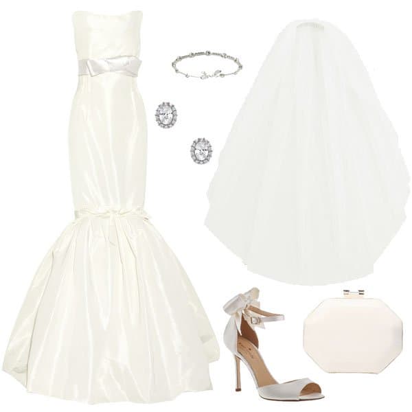 Sophisticated bridal look featuring a strapless mermaid gown, elegant veil, satin heels, statement earrings, a beaded bracelet, and a sleek clutch for a timeless wedding ensemble