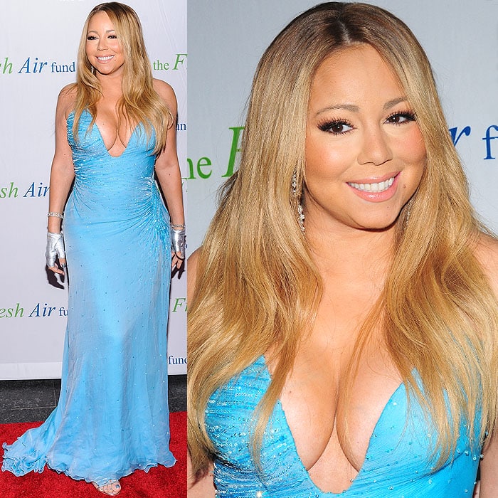 Mariah Carey in a cleavage-baring Atelier Versace dress whose thigh-high slit showed the Sergio Rossi cage sandals on her feet