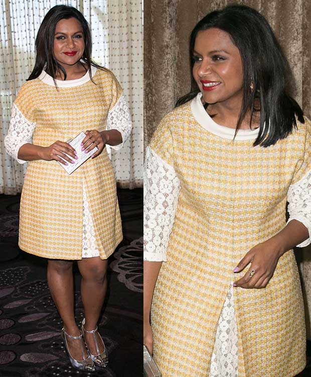 Mindy Kaling wears a yellow Moschino tweed dress with white lace details and metallic Fendi pumps at The Hollywood Radio and Television Society Newsmaker Luncheon Series and Summer Comedy Panel, showcasing a chic yet playful ensemble perfect for daytime elegance