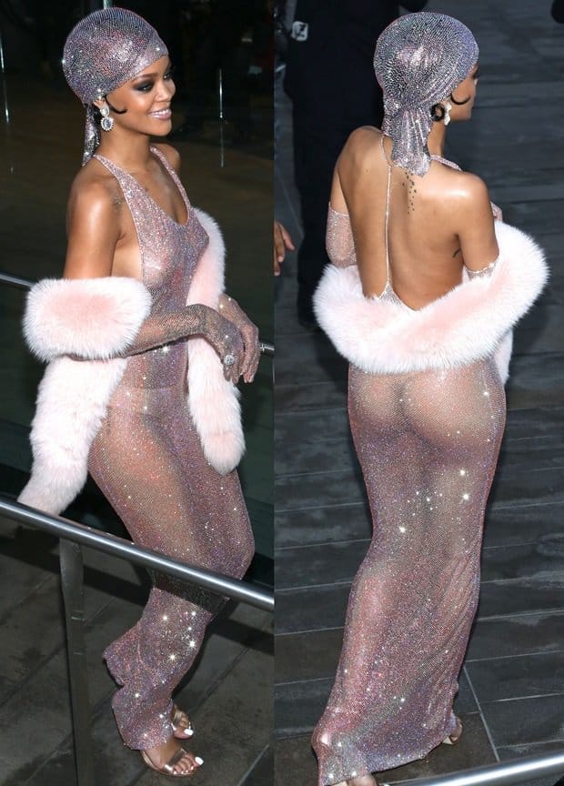 Rihanna dazzles in a sheer Adam Selman fishnet dress adorned with over 230,000 Swarovski crystals and a pink fur shrug at the 2014 CFDA Fashion Awards