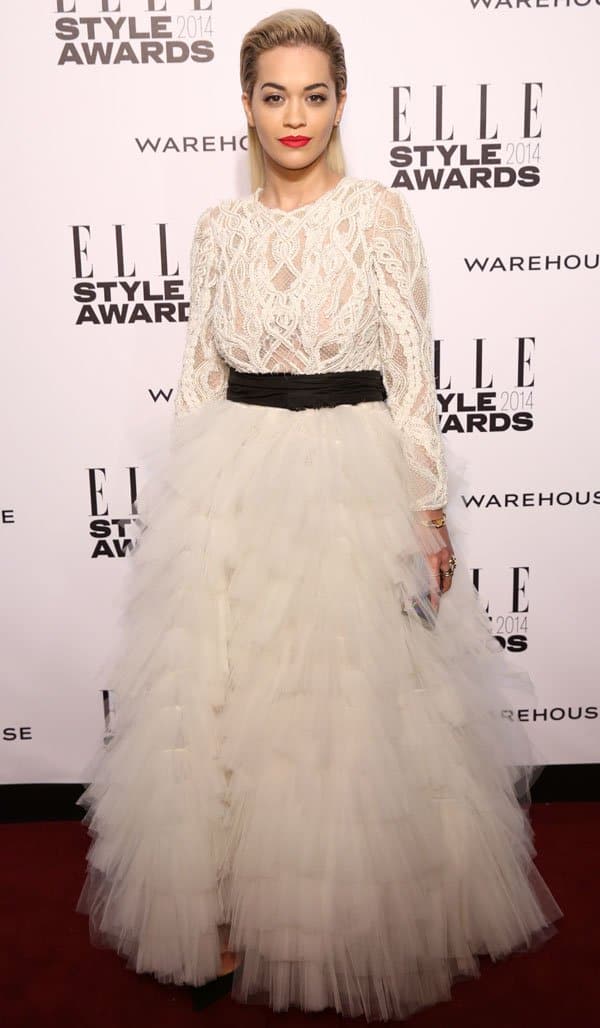 Rita Ora captivates in a lace top and voluminous tulle skirt at the Elle Style Awards 2014