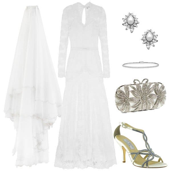Graceful vintage bridal ensemble featuring a long-sleeve lace gown, an elegant veil, pearl drop earrings, a beaded clutch, and strappy heels for a timeless wedding look