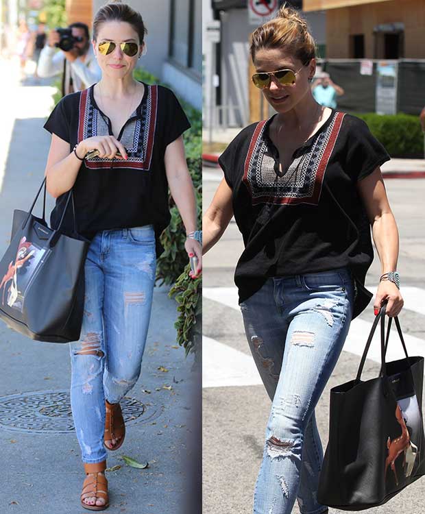 Sophia Bush rocks brown strappy flat sandals and mirrored aviator sunglasses