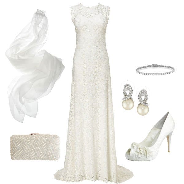 Vintage-inspired wedding ensemble featuring a lace gown, pearl drop earrings, beaded clutch, and elegant bridal heels for a timeless nymph-in-the-woods look