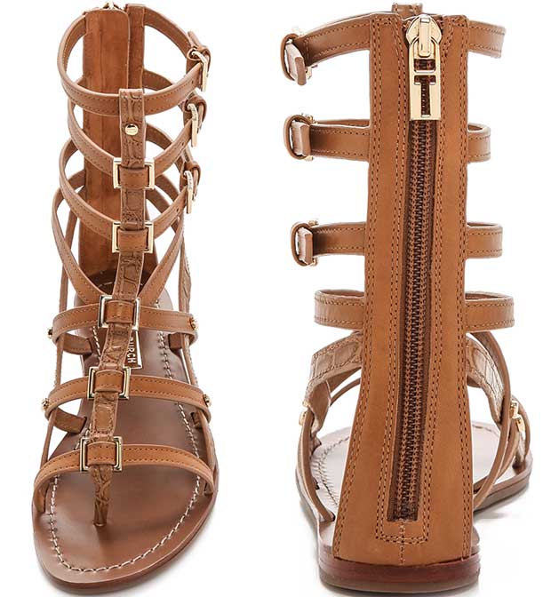 Smooth and croc-embossed leather lends elegant texture to effortless cowhide gladiator sandals