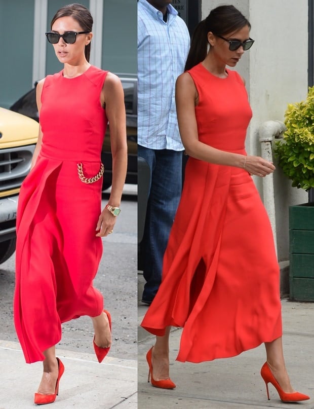Victoria Beckham stuns in a bold coral-red dress and matching custom Manolo Blahnik pumps while out in New York City