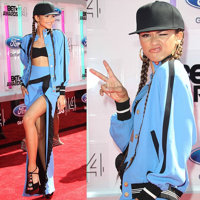 Zendaya playfully posing for the cameras on the 2014 BET Awards red carpet