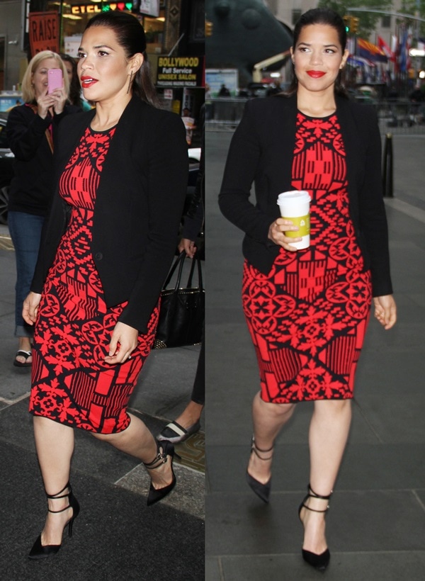 America Ferrera showed off her sex appeal and toned legs in a fitted red dress, a black blazer, and strappy black pumps