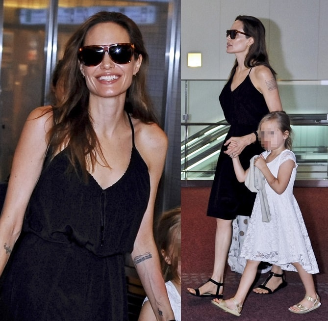 Angelina Jolie with four of her children arriving in Tokyo