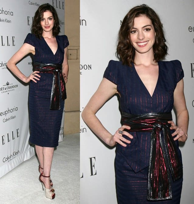 Elegance Redefined: Anne Hathaway at the 2008 Elle Women in Hollywood Event, showcasing her unique style with a chic scarf belt – a perfect blend of sophistication and trendsetting fashion at the Four Seasons Hotel, Los Angeles