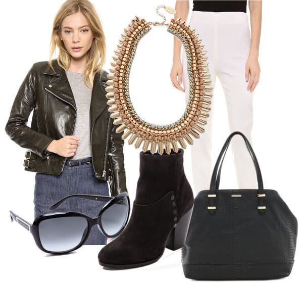 Recreate Amal Alamuddin's chic biker look with these essentials: a sleek black leather biker jacket, oversized dark sunglasses, a striking statement necklace adorned with colorful stones, elegant black ankle boots, a versatile black handbag, and classic white pants for a touch of sophistication