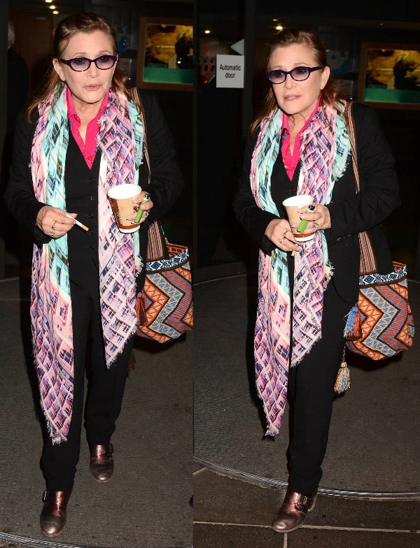 Carrie Fisher in colorful scarf