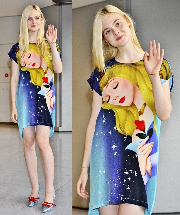 Elle Fanning in a colorful t-shirt dress and pointy bow-detailed pumps