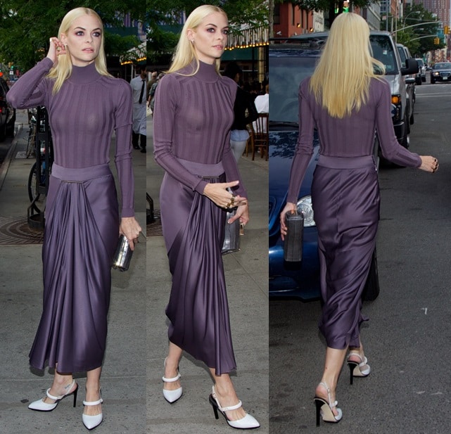 Jaime King turned heads in the East Village with her all-purple ensemble featuring a sheer knit top and satin skirt, paired daringly with white slingback pumps