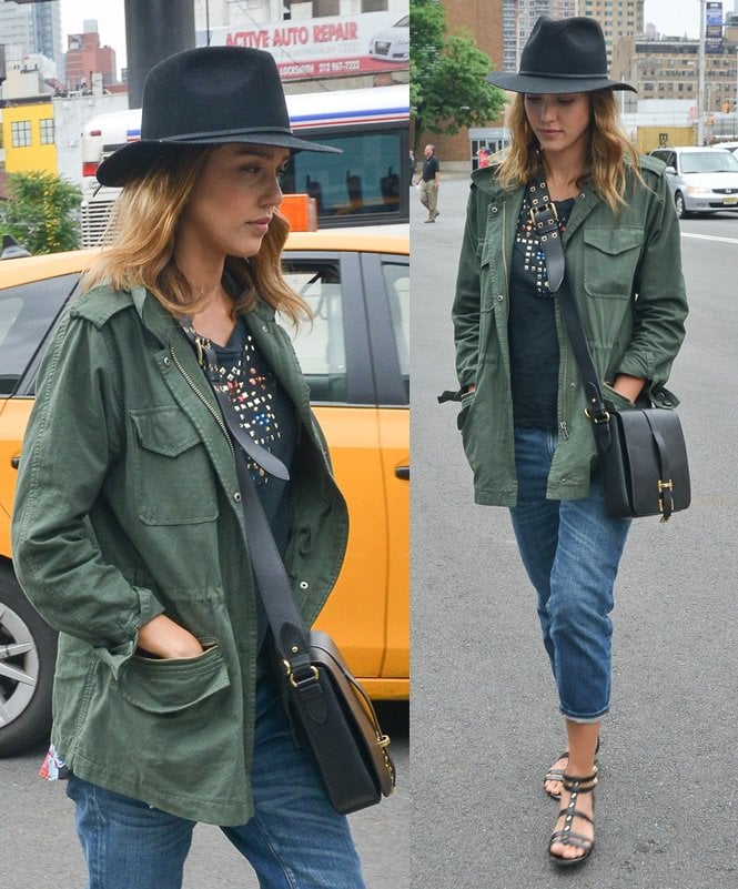 Jessica Alba wears an army green BB Dakota Monrovia jacket with jeans