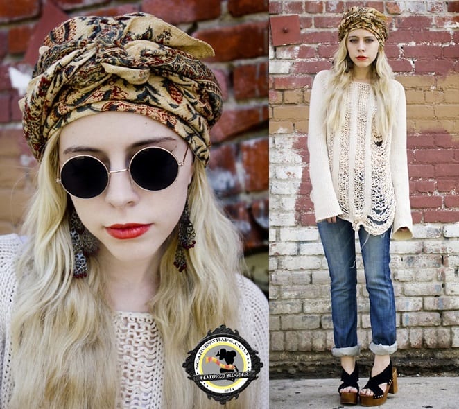 Madeline keeps her look boho and funky with chunky sandals and a printed headwrap