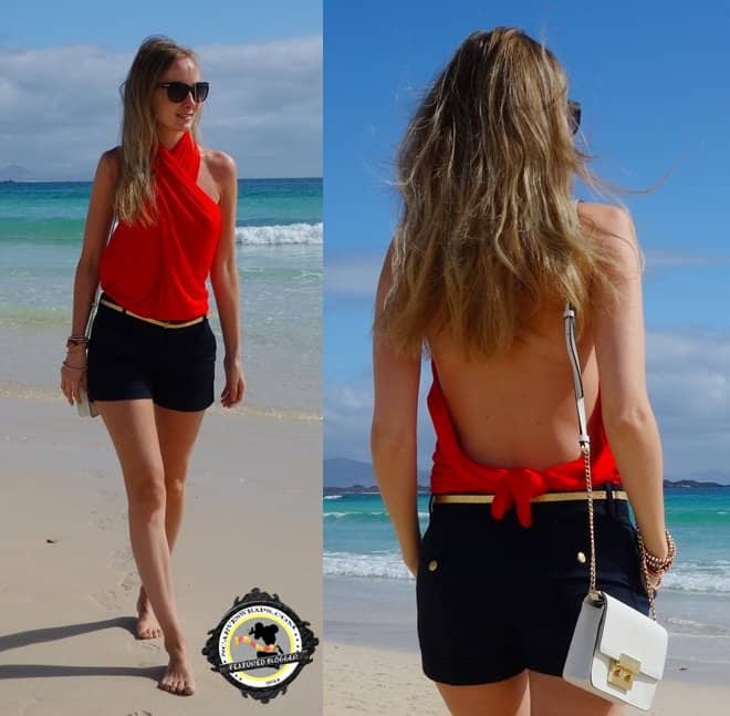 Sandra wears her red scarf as halter top to the beach